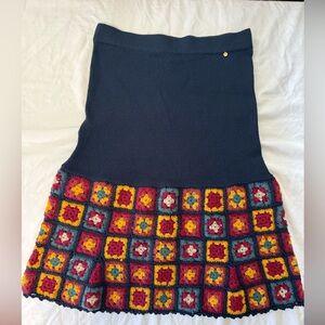 Anthropologie Boho Crochet patchwork Granny Square Sweater MIDI Skirt XS Navy